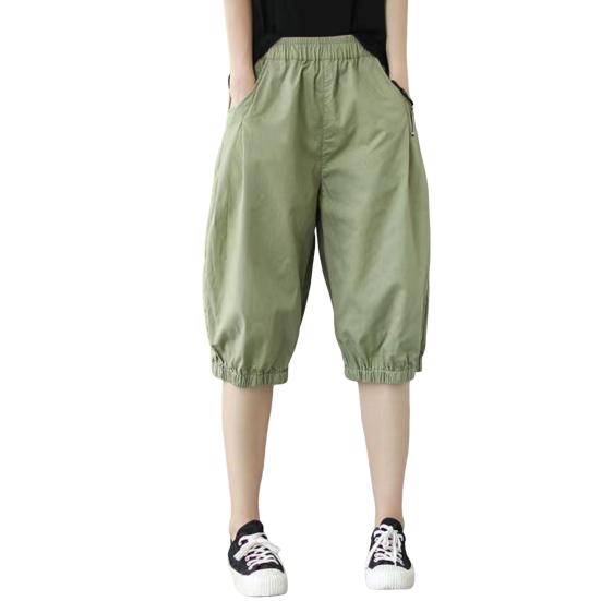 Women Shorts Mid-rise Elastic Waist Knee-Length Pants Solid Color Loose Fit Short Pants Streetwear