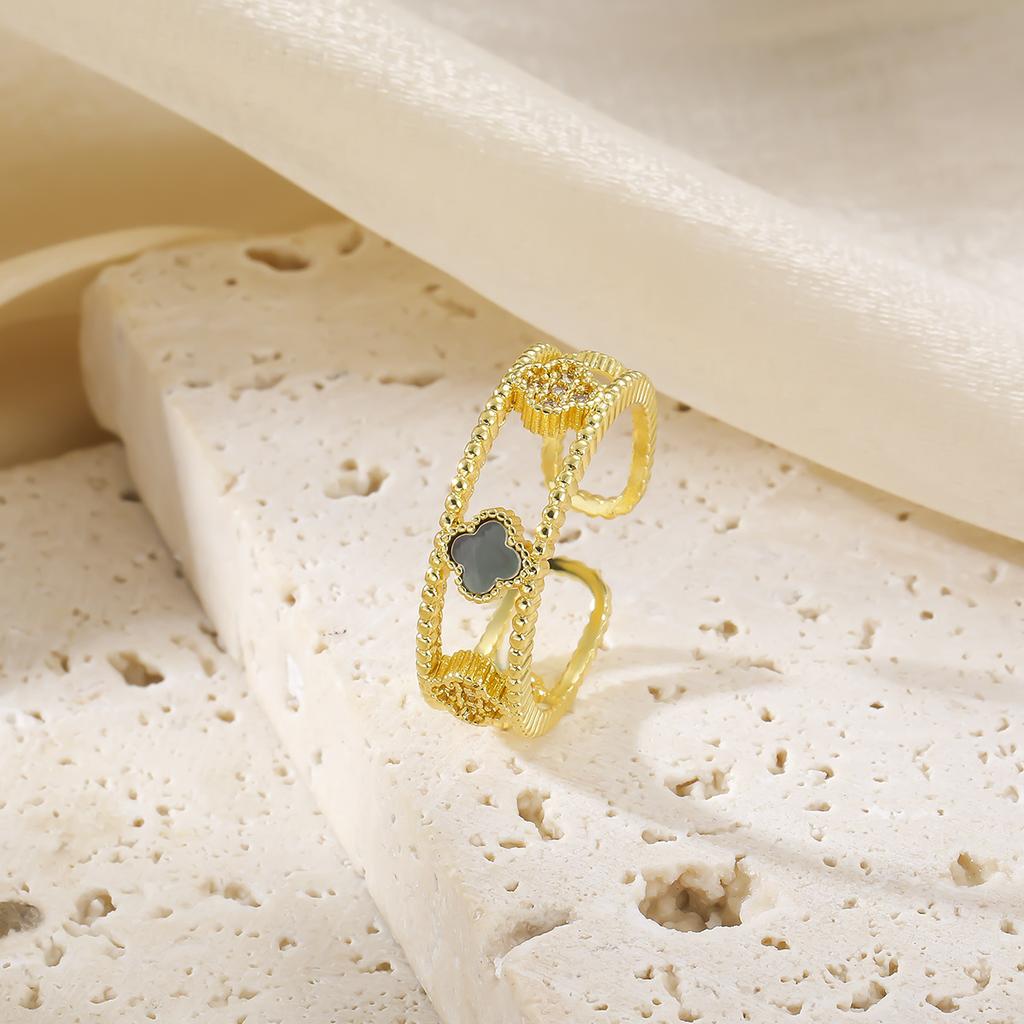 Senior Sense of Light Luxury Four-leaf Clover Zirconia Ring Female Retro Opening Adjustable Ring Finger Ring