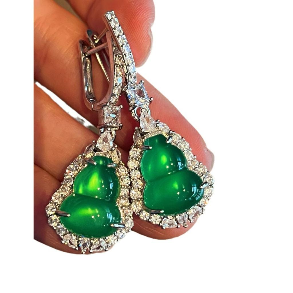 Natural Full Green Imperial Green Chalcedony Gourd Earrings, Luxuriously Inlaid Agate Dangle Earrings