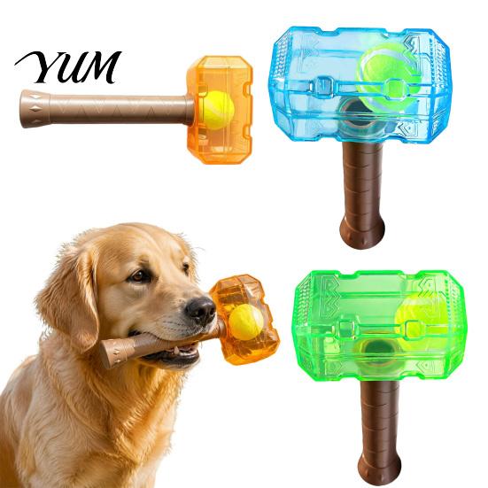 Indestructible Dog Toys 2Pcs Squeaky Hammer with Tennis Ball Inside, Interactive Fetch Toys, Safe Pet Equipment Rubber Chew Toy for Medium Large Dogs