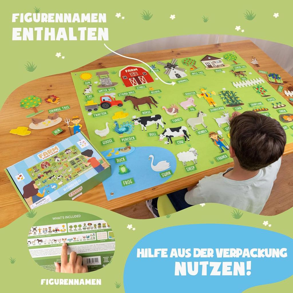 Фетровая доска BONNYCO с 92 фигурками домашних животных. Монтессори-игрушки и подарки на день рождения для детей от 3 до 8 лет. Фермерские обучающие игры