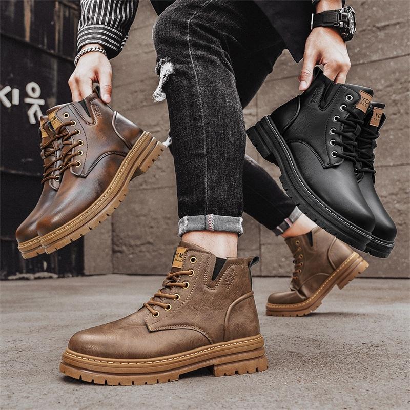 Hot Sale Fashion Brown Boots for Men Comfort Platform Men's Work Boots Lace-up Leather Ankle Boots Casual Men Botas Masculino