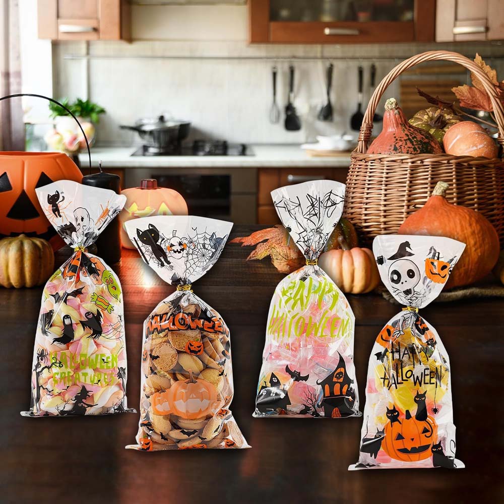 100 шт. целлофановых пакетов на Хэллоуин, прозрачный целлофановый пакет, подарочные пакеты для сладких конфет с завязками для вечеринки на Хэллоуин