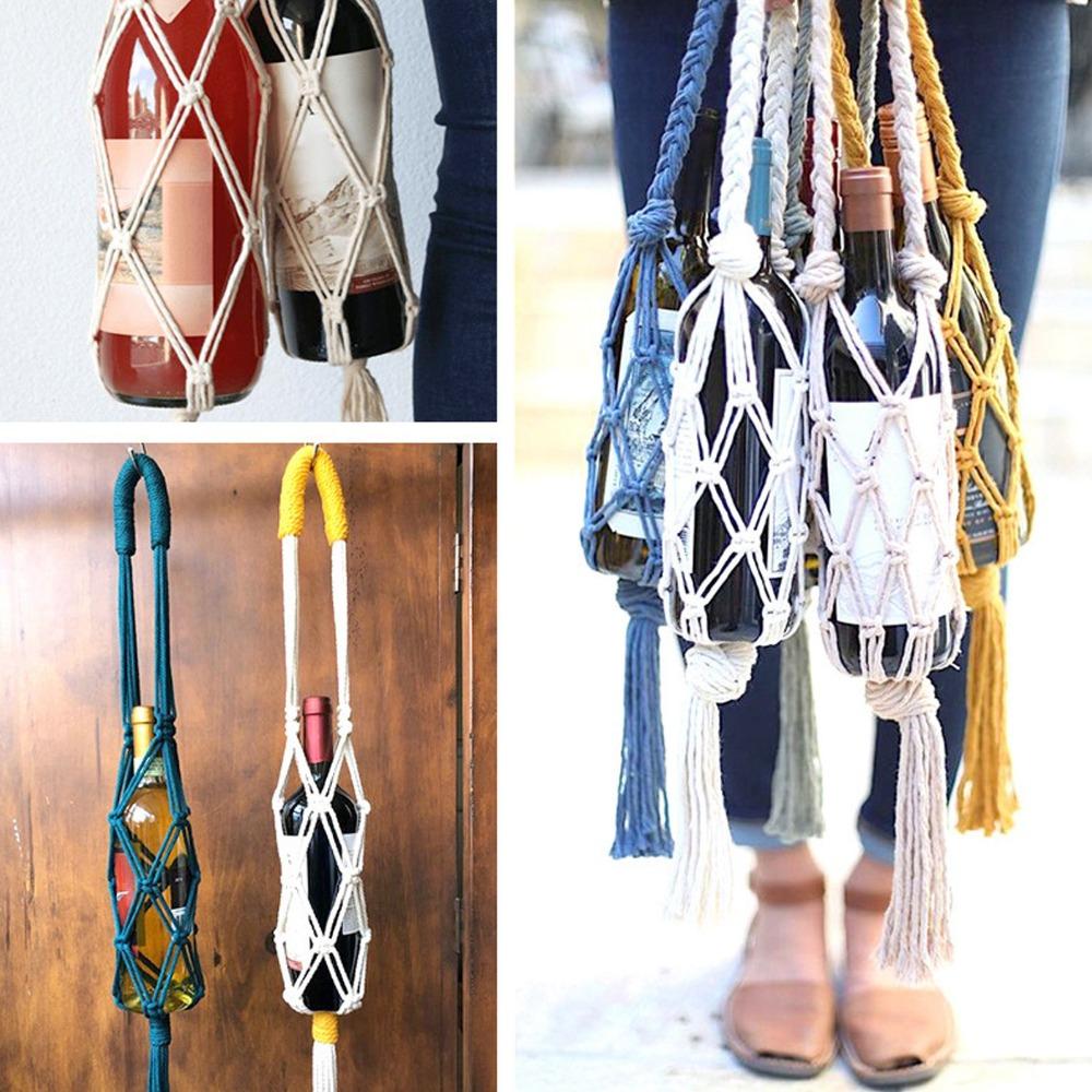 Bar Decor Hand Knitting Wine Bottle Holder Cotton Rope Bohemian Style Bottle Storage Bag Water Bottle Carrier Hiking Activity