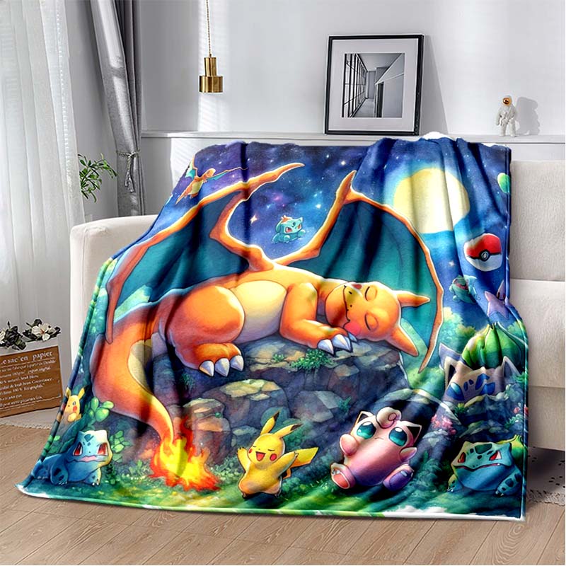 3D-Printed Cute Cartoon Charizard Blanket — Fluffy, Soft, and Warm Throw for Bedroom Decor and Home Comfort