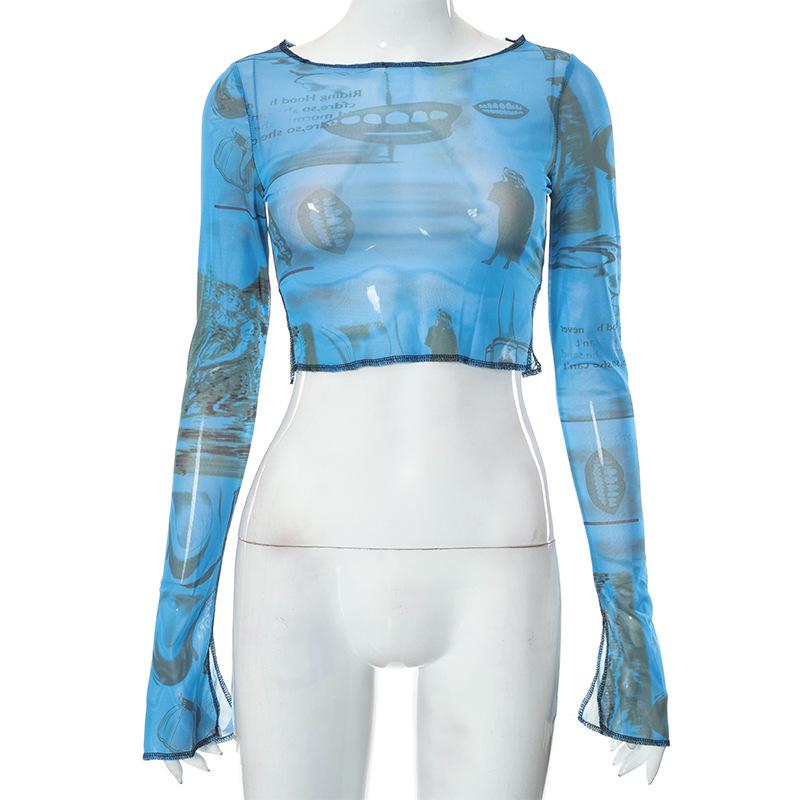 Женская повседневная футболка с длинным рукавом, модная сетчатая пряжа с принтом, топы с открытым пупком и разрезом