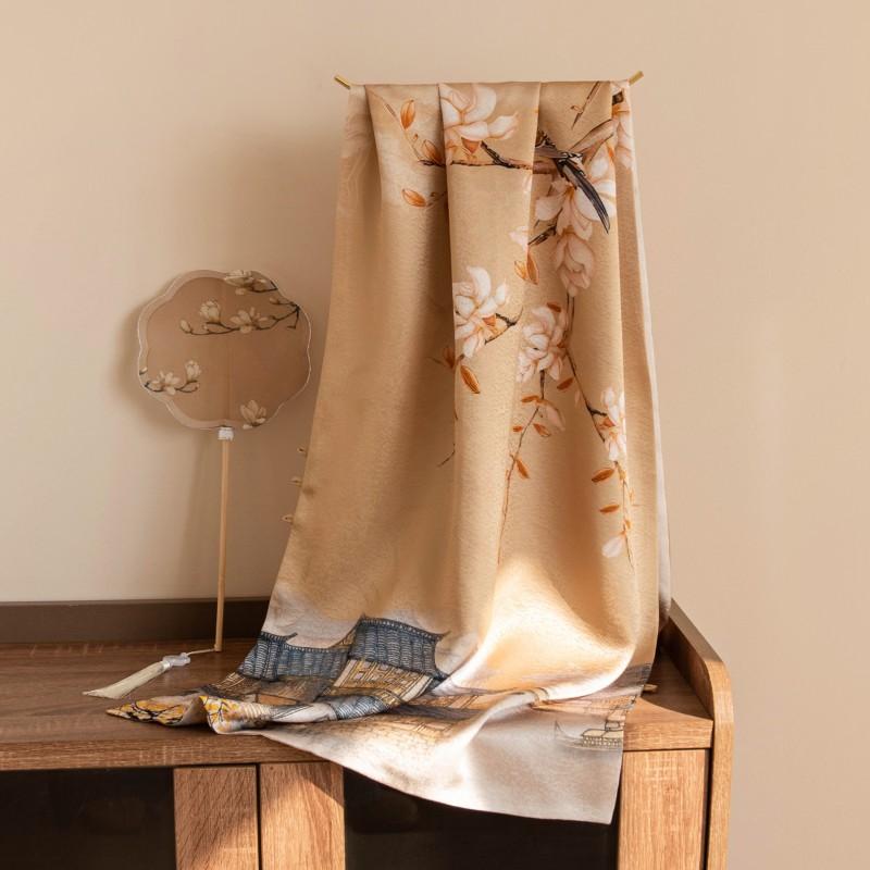 Long Silk Scarf Shawl Satin Double-layer With Buckle Sun Protection Elegant Vintage Style