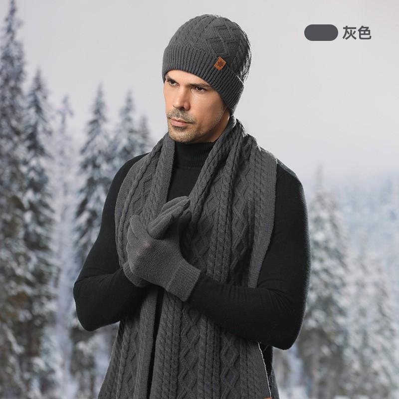 Winter Alpaca Wool Knit Hat Scarf Gloves Set Men Outdoor Cycling Warm Thick Lined Beanie Accessory