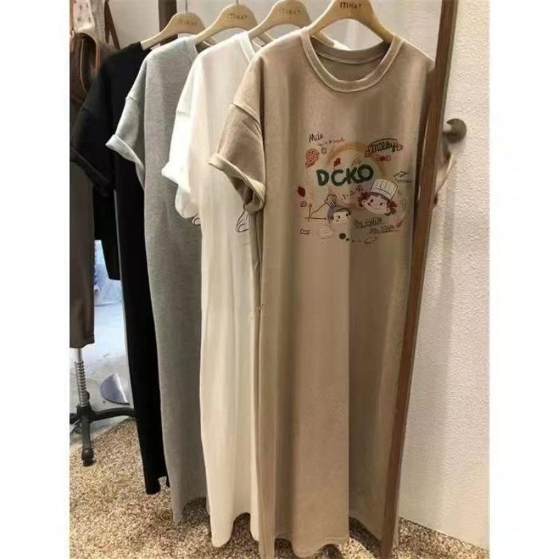 Женское летнее платье-футболка с короткими рукавами, свободное пижамное платье средней длины с разрезом