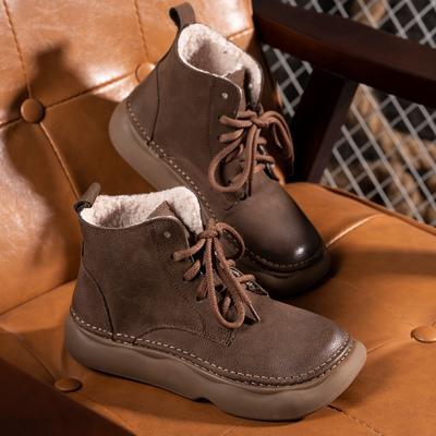 Ретро Кожаные Бархатные Короткие Ботинки для Женской Осени и Зимы Новые Ручной Работы Хлопок и Лен Ветрозащитные Широкая Голова На Шнуровке Первый Слой Коровьей Кожи Женские Ботинки