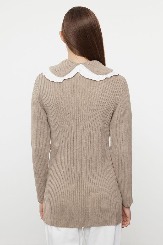 Women's Fashionable Stylish Hijab Sweater Beige Thessaloniki Knitted Baby Collar Knitwear Sweater