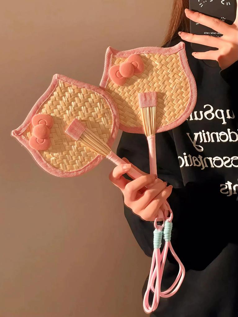 Japanese-Style Bow Fan 2026 New Model Handmade Woven Palm Leaf Fan Summer Small Fan Portable Durable Hand-Held Fan