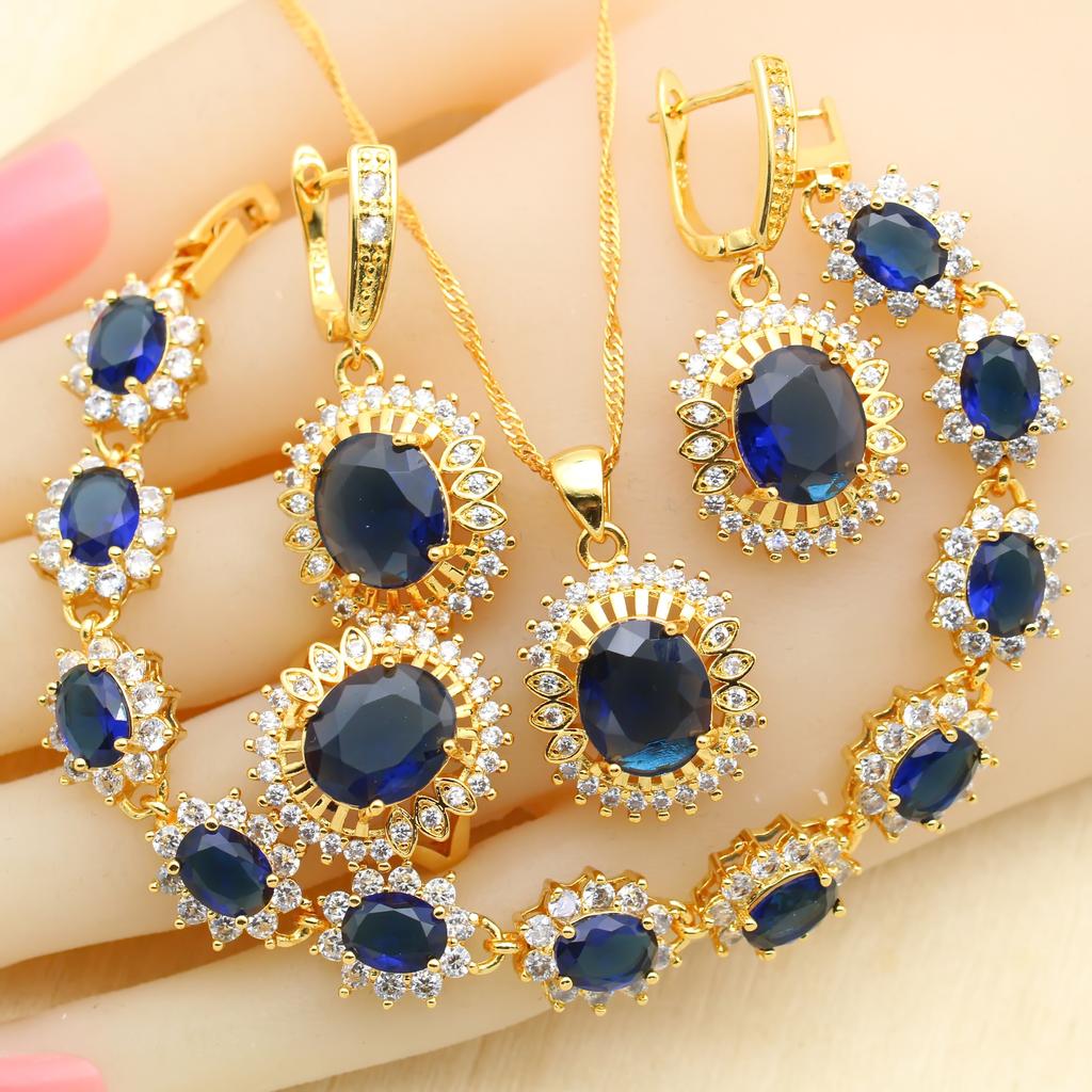 Новинки Ювелирные наборы золотого цвета для женщин Свадебный зеленый циркон Браслет Серьги Ожерелье Подвеска Кольцо Подарок