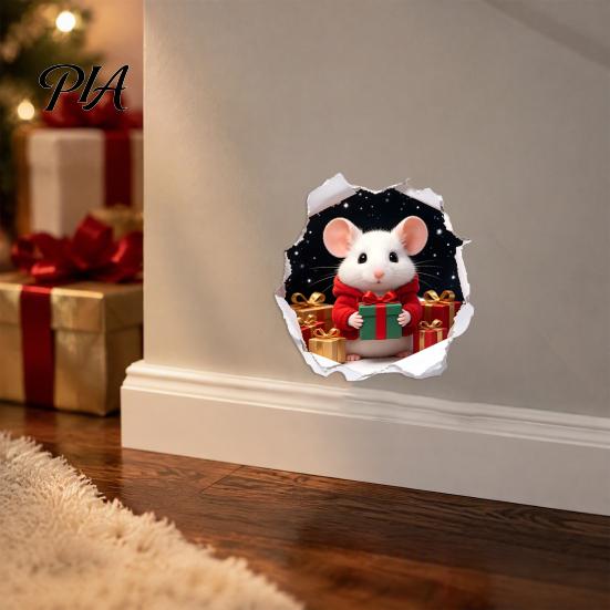 Christmas Mouse Wall Decals 3D Hole Illusion Sticker, Peel And Stick Waterproof PVC Realistic Gift Stickers Decal for Window Glass, Festive