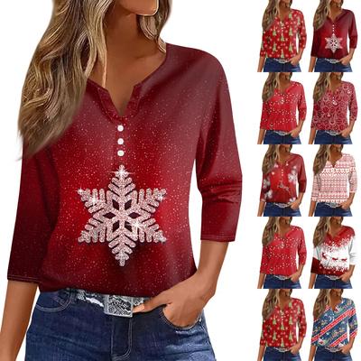 Женская футболка с рождественским принтом, на пуговицах, рукав 3/4, повседневная мода на выходные, базовый топ с V-образным вырезом