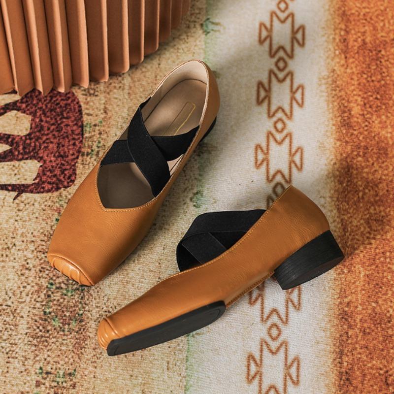 Fashion Square Toe Ballet Shoes for Women Spring/autumn Retro Mary Jane Shoes Women's Thick Heeled Lace Up Ballet Flat Sole Single Shoes