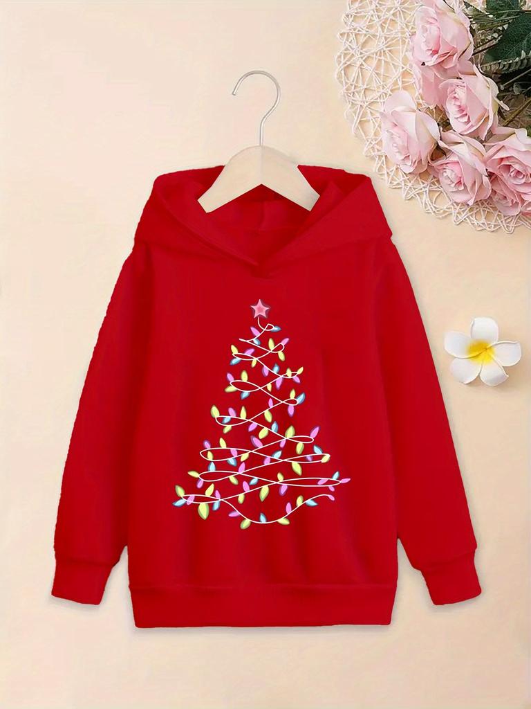 Cute String Light Christmas Tree Kids Hooded Sweatshirt, Autumn Winter Warm Casual Hoodie, Nice Outfit For Christmas Celebration And Daily Wearing