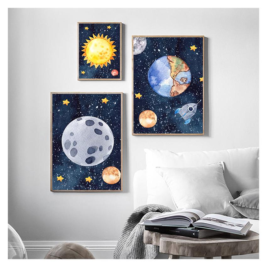 Звезда-ракета, настенная живопись на холсте, плакаты на скандинавскую тему и принты, настенные панно, декор для детской комнаты, мультфильм астронавт, Солнце, Земля, Луна