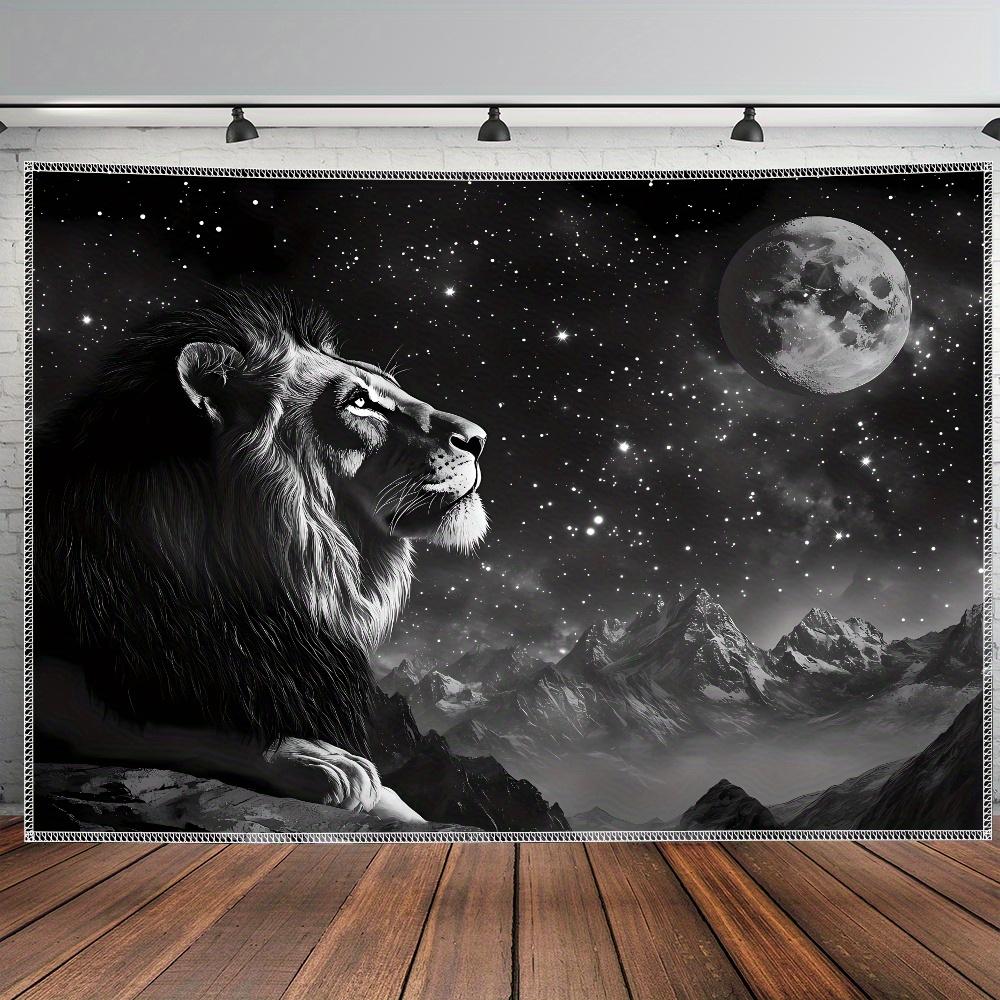 Majestic Lion Starry Night Tapestry Wall Hanging Galaxy Moon Mountain Safari Decor Bohemian Jungle Animal Landscape Artwork Room