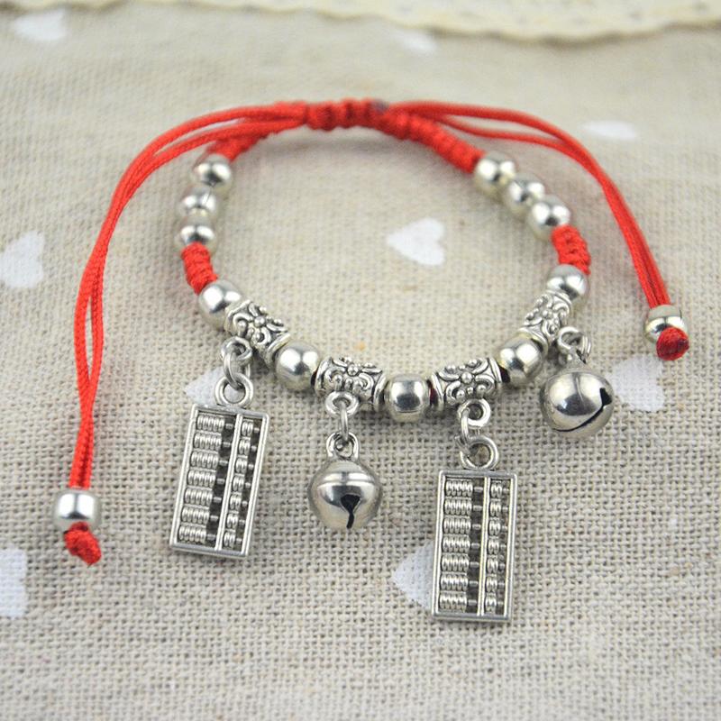 Simple Silver Retro Ethnic Style Anklet Female Beaded Red Rope Ankle Girl Accessories