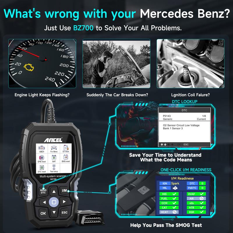 ANCEL BZ700 Professional OBD2 Scanner For Mercedes Benz Car Code Reader ABS SRS SAS TPMS Reset Scan Tool Engine Diagnostic Tool