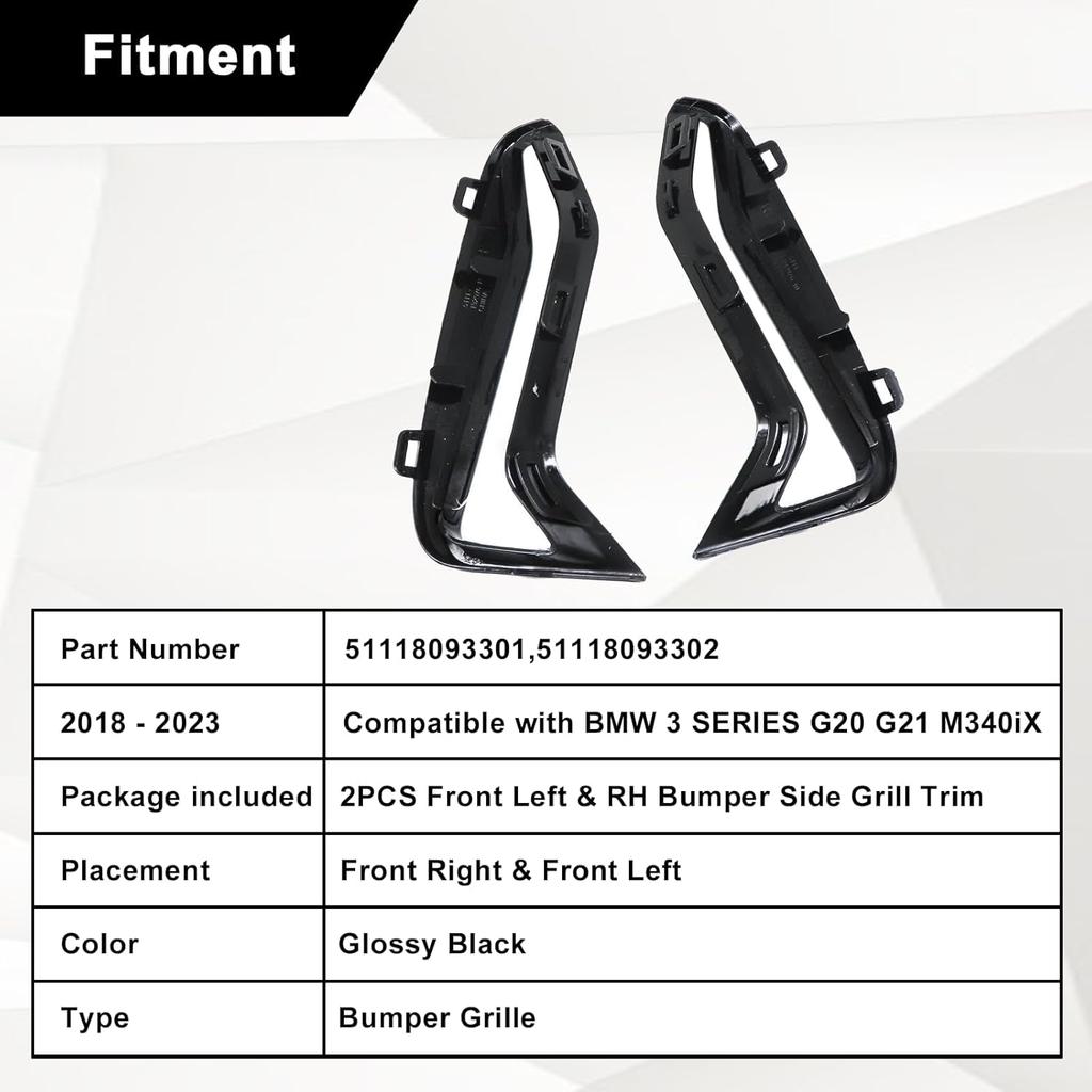 SecosAutoparts Pair Front Bumper Side Grill Trim Set, Glossy Black, Fit for BMW 3 Series G20 G21 M340i 2018-2022 3.0L l6, Replace# 51118093301