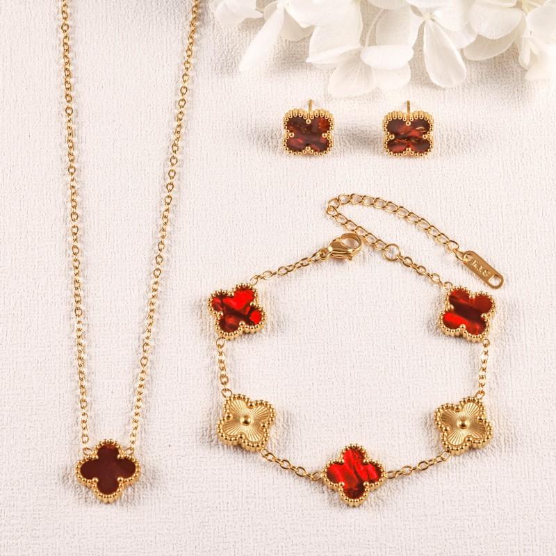 Elegant French Vintage Clover 3-Piece Jewelry Set Stainless Steel Gold Plated Women Sweet Style Necklace Bracelet Earrings