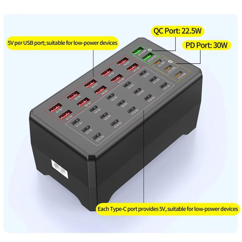 USB Charging Station 30 Port, 18 USB-C 12 USB-A Charger Hub, PD QC Fast Charging for Laptop Tablet