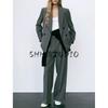 with Padded Shoulder Lapel Long Sleeve Suit Coat 2129095 Pleated Wide Leg High Waist Casual Trousers 2125095