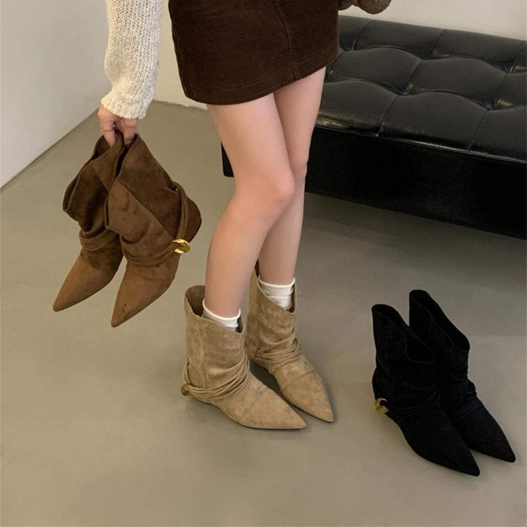 Внутренние увеличивающие рост остроносые коричневые облегающие ботильоны короткие ботинки женская обувь 2025 осень и зима ботфорты средней длины в стиле вестерн ковбойские ботинки