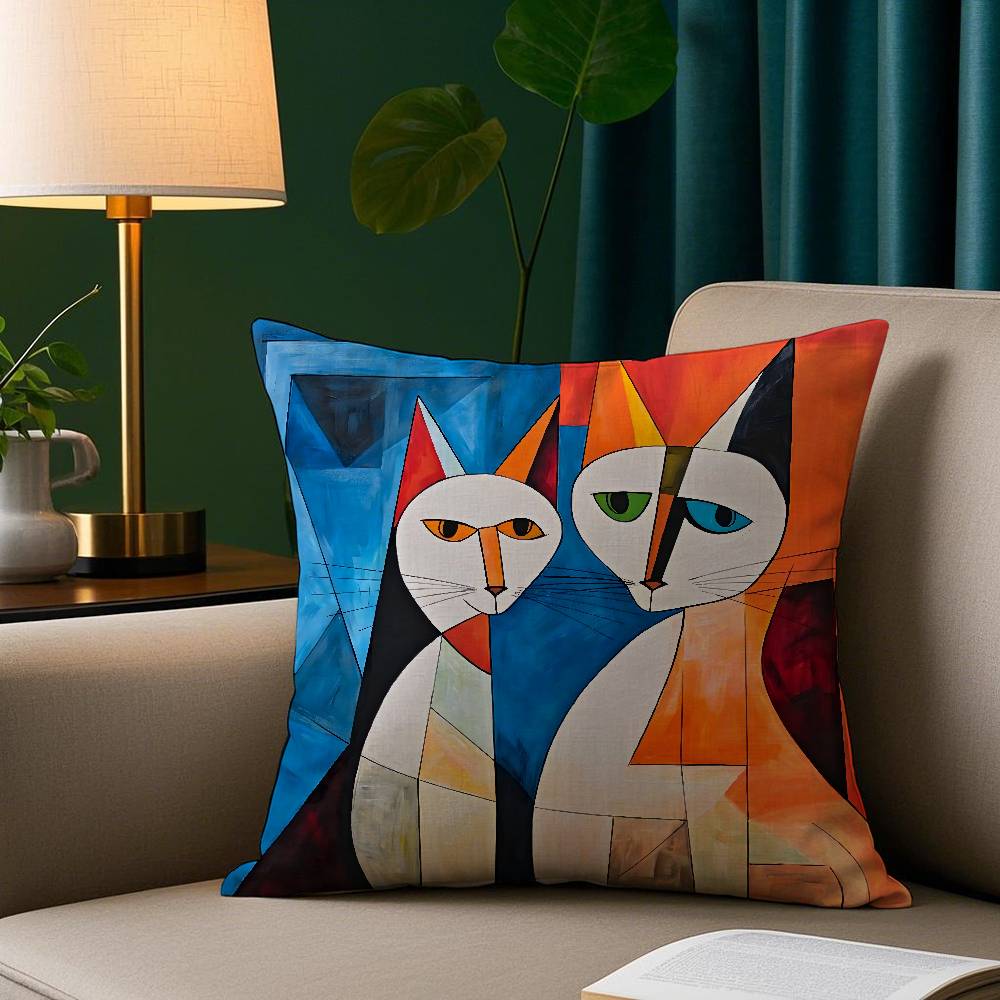 Cat Oil Painting Style Pillow Cover Square Design Home Sofa Pillowcase