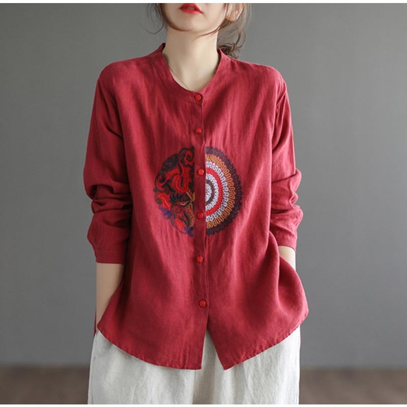 Весенняя рубашка свободного покроя с длинными рукавами в этническом стиле из хлопка и льна с вышивкой для женщин