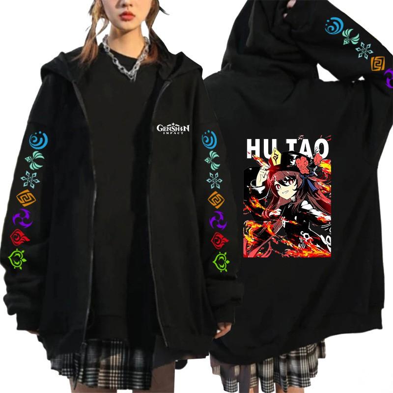 Genshin Impact Anime Print Hooded Cardigan Sweatshirt Loose Fit Teens Casual Wear