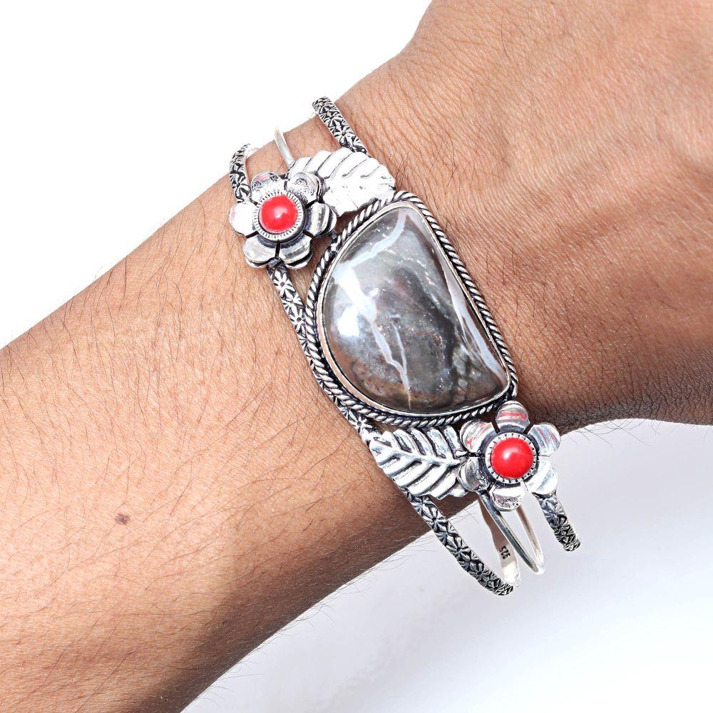 Septerian Jasper Gemstone Ethnic Silver Jewelry Cuff Bracelets 7''Adjustable