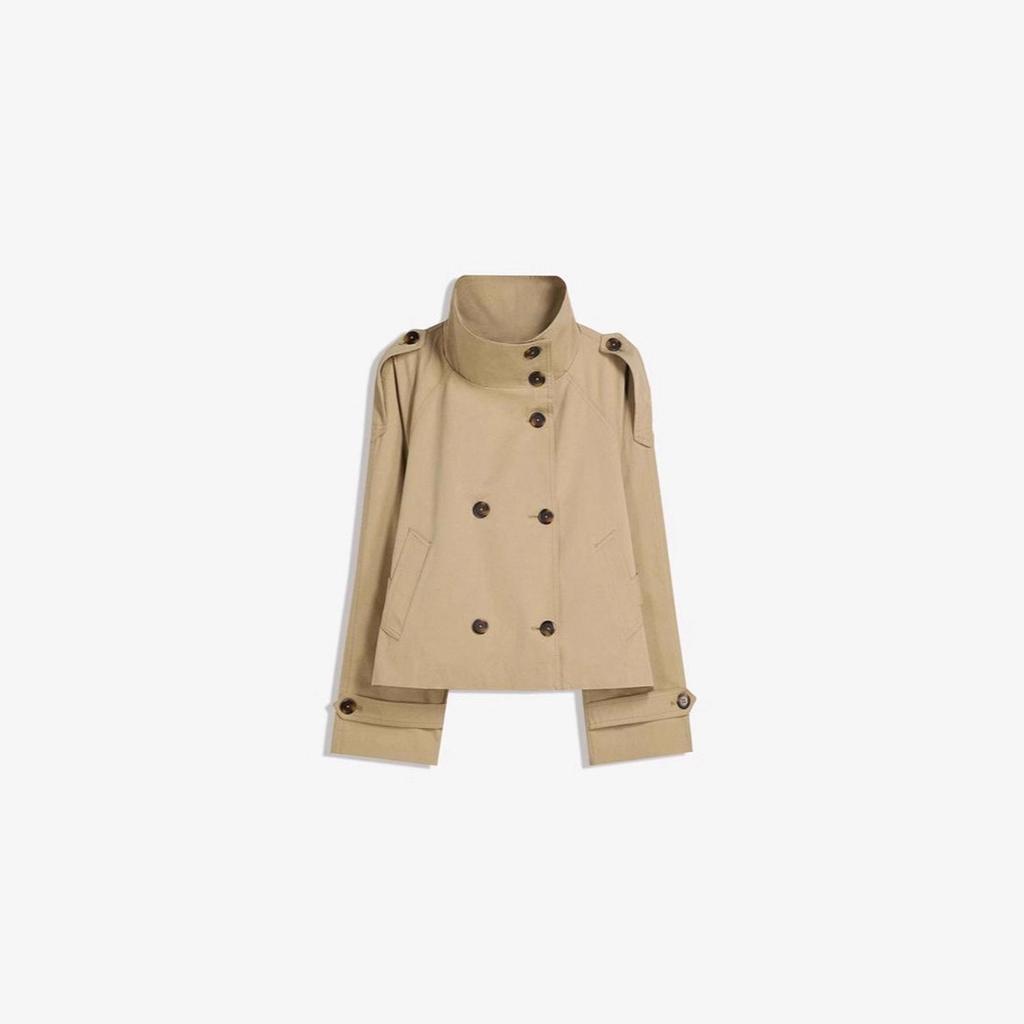 Women's Short Trench Coat with High Collar, Blue Denim Jeans, and Brown Crossbody Bag, Casual Chic Outfit