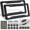Carbon Fiber License Plate Frames- Black Carbon Pattern Plastic Front & Rear Car Tag Holder Cover 2 Pack With Mount Hardware, Screws, Caps, Handlebar