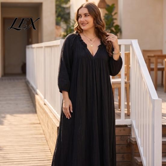 3/4 Sleeves Maxi Dress Bohemian Ruffle V-Neck Long Dress, for Comfortable Women Dresses Women, Solid Color Casual Loose Spring Fall Flowy