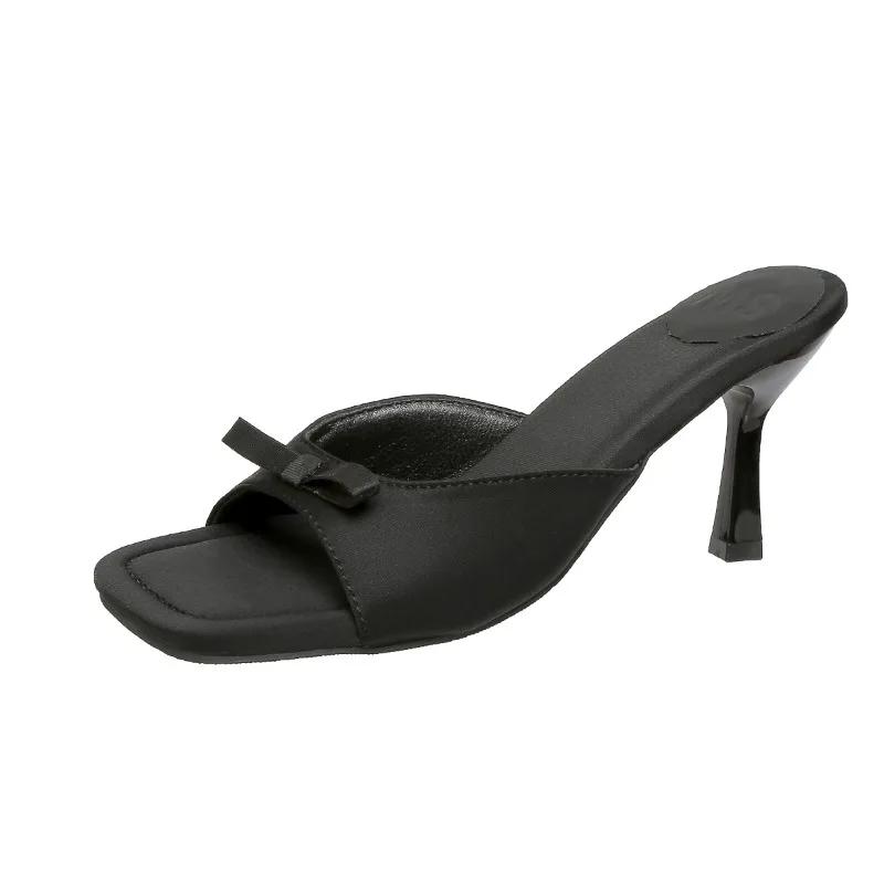 2025 Лето Новые Однотонные Сланцы с Квадратным Носком Элегантные Современные Платьевые Босоножки Женские с Бантом-бабочкой Тонкий Каблук Шлепанцы