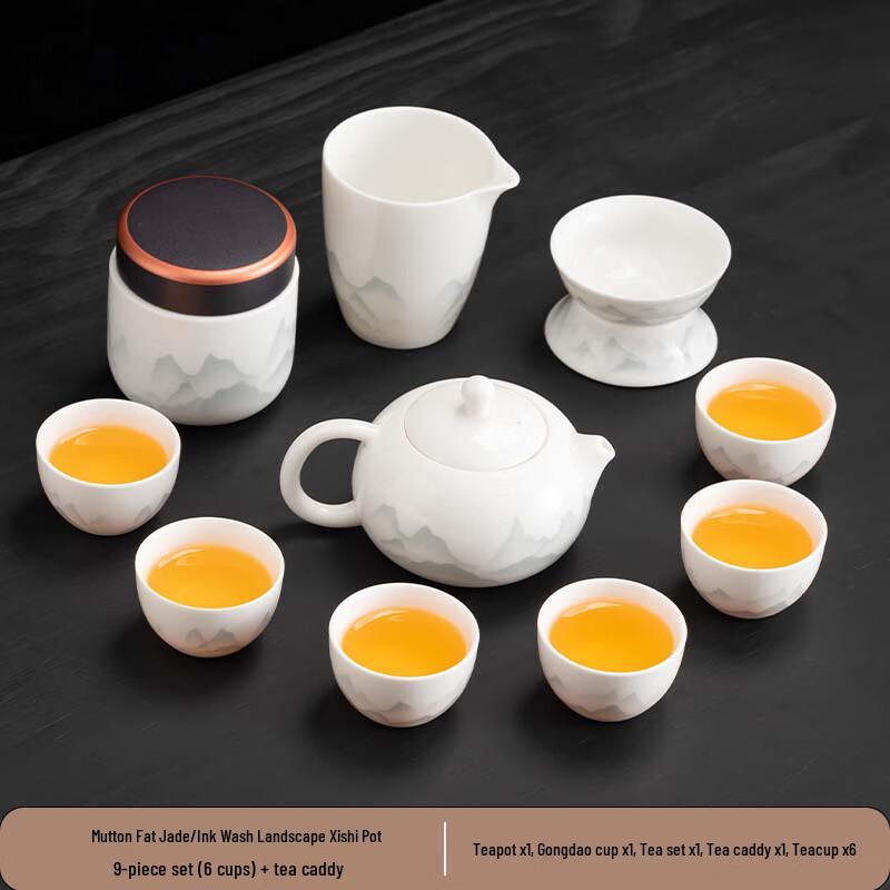 Ink Wash Mutton Fat Jade Ceramic Tea Set