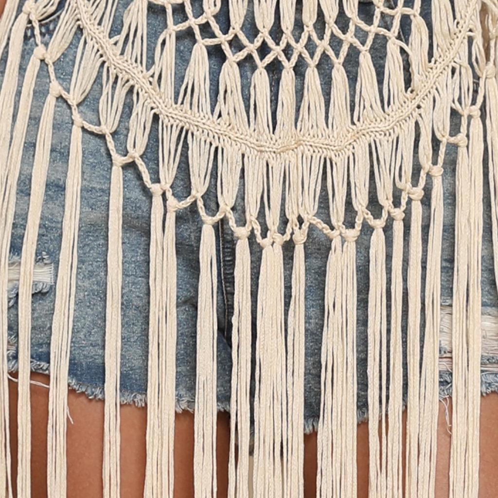 Hand-Crocheted European-American Beach Cover-Up Dress with Tassel and Hollow-Out Design