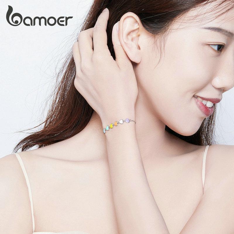BAMOER Classic 925 Sterling Silver & Platinum Plated Rainbow Heart Adjustable Chain Bracelets