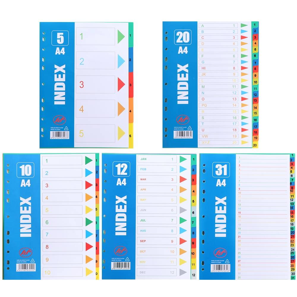 5/10/12/20/31Pages Index Separator Page PP Material A4 Size Loose-leaf Dividers Numbers Colored Binder Dividers Archives Files