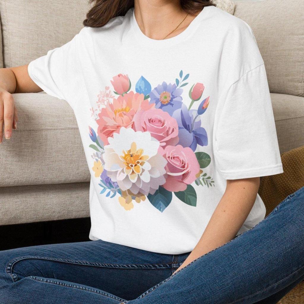 Pastel Floral Bouquet T-Shirt | Spring Flowers, Pink Roses, Peonies Gift for her Mom Grandma Family Friend Sister Crew Team Party Aunt