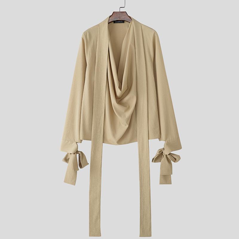 INCERUN Мужские рубашки оверсайз с отложным воротником, длинным рукавом, оборками и неровным низом