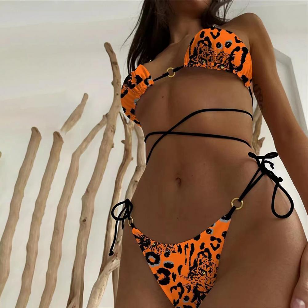 Low-rise Briefs Bikini Set Zebra Print Halter Bikini Set with High Waist Lace-up Briefs Women's Summer Swimwear Set with for A