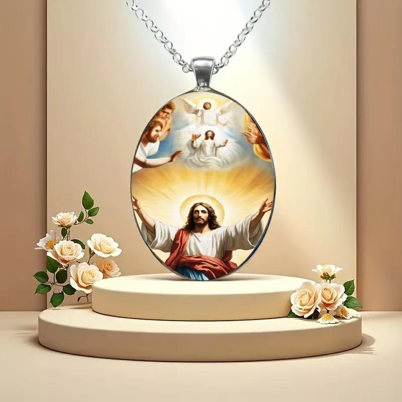 Holy Jesus With Outstretched Arms, A Protective Amulet Necklace Pendant, Made Of Time-Jeweled Glass.