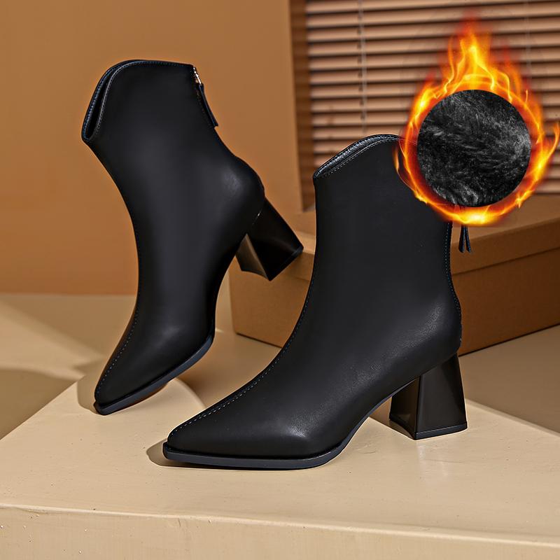 Мода осень зима сохраняют тепло меховые женские ботильоны мода острый носок молния сзади туфли толстый каблук женские короткие ботильоны