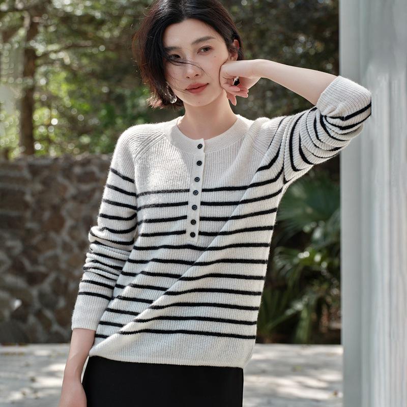 Women's 100% Pure Cashmere Striped Button-Up Raglan Sleeve Cardigan Sweater, Round Neck for Autumn/Winter