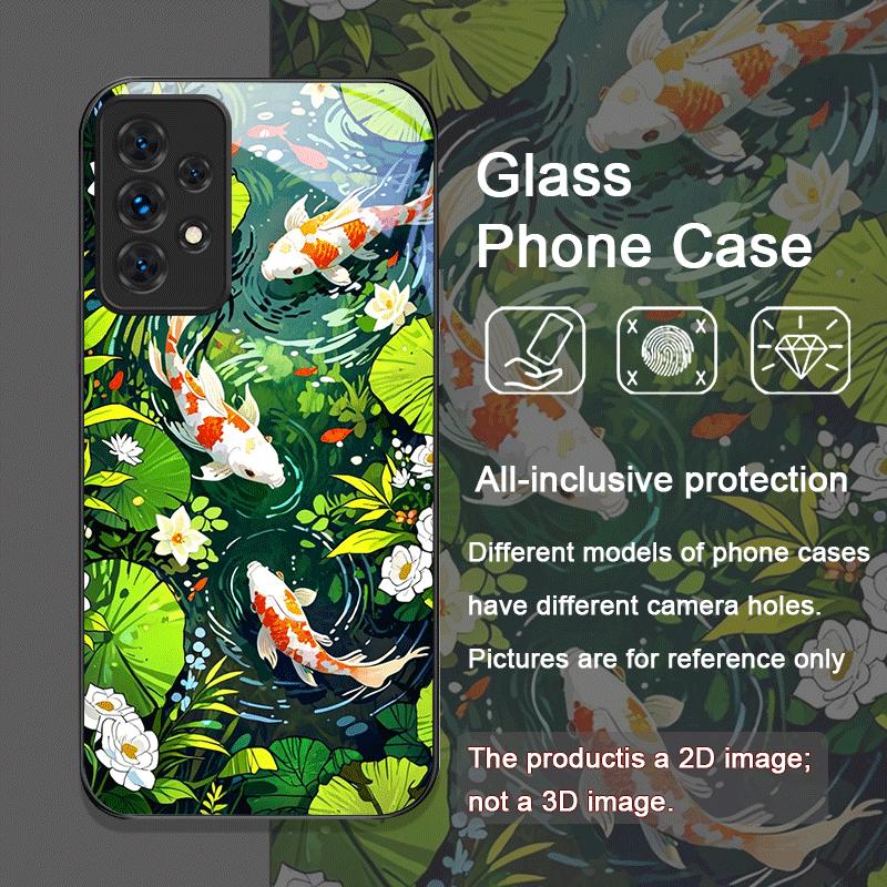 Роскошный Чехол из Закаленного Стекла с Рисунком Цветка Лотоса и Рыб Кои для Samsung Galaxy A06 A72 A55 A54 A53 A52 A36 A15 A14 A13 Чехлы