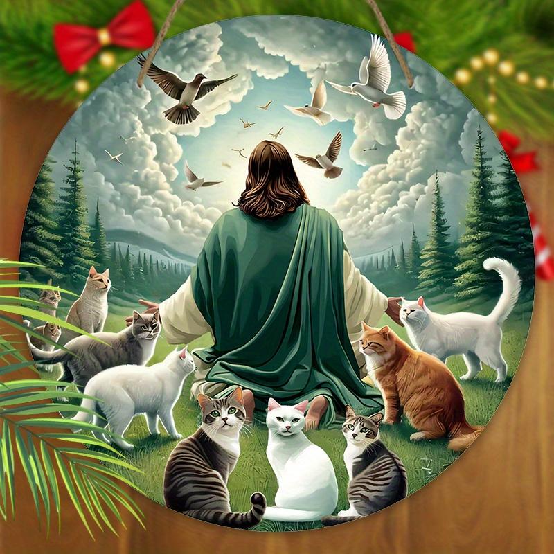 Деревянная табличка в современном стиле с узором Богоявления Иисуса, кошки и голубя мира, круглая табличка Иисуса для декора настенного подвеса для входной двери, идеальный подарок на Богоявление